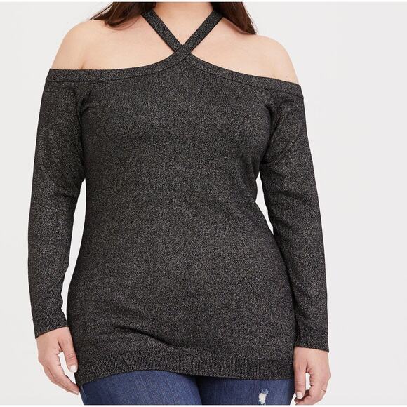 Torrid Cross Neck Cold Shoulder Lurex Pullover Sweater Black Gold Glitter Sz 1X - Picture 1 of 14